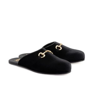 PAOLO VELVET HORSEBIT MULE Paolo Velvet Horsebit Mule in black velvet with gold horsebit hardware handcrafted in Italy