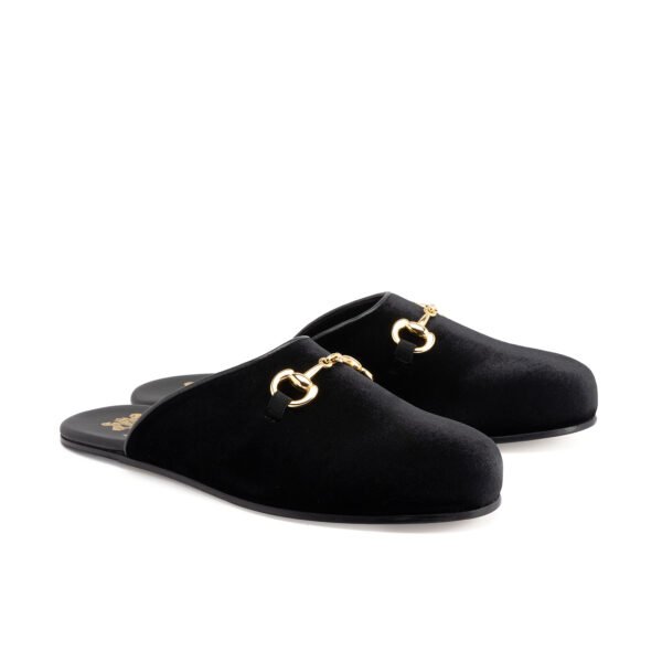 Paolo Velvet Horsebit Mule in black velvet with gold horsebit hardware handcrafted in Italy