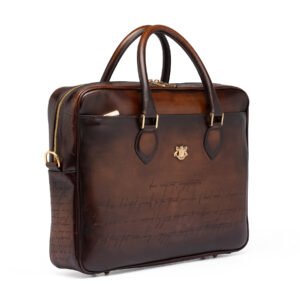 Picasso Leather Business Bag in hand-burnished brown full-grain leather with gold-tone hardware
