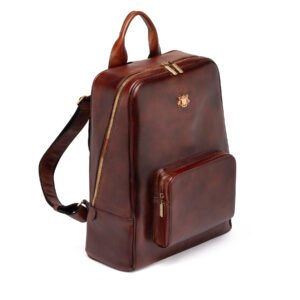 Executive Leather Backpack in hand-finished brown full-grain leather with front zip pocket