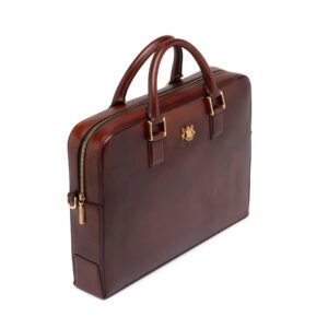 Executive Leather Briefcase in hand-finished brown full-grain leather with detachable shoulder strap