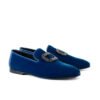 Electric Blue X Crystal luxury men's velvet slipper featuring a crystal buckle, calf leather lining, and leather sole.