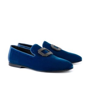 Electric Blue X Crystal luxury men's velvet slipper featuring a crystal buckle, calf leather lining, and leather sole.