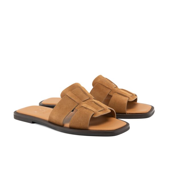 Toffee Suede luxury men's slide sandal in premium tan calf suede with interlocking straps and leather sole.