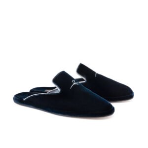Black velvet men's slipper with white embroidered monogram and silver piping.