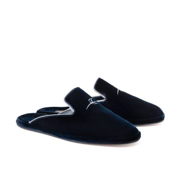 Black velvet men's slipper with white embroidered monogram and silver piping.