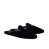 Crystal Crown Mule luxury black velvet mule featuring a crystal crown embellishment with calf leather lining and leather sole.