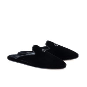 Crystal Crown Mule luxury black velvet mule featuring a crystal crown embellishment with calf leather lining and leather sole.