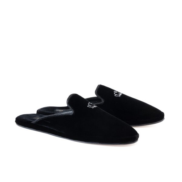 Crystal Crown Mule luxury black velvet mule featuring a crystal crown embellishment with calf leather lining and leather sole.