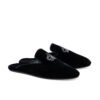Crystal Crown Mule luxury black velvet mule featuring a crystal crown embellishment with calf leather lining and leather sole.