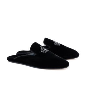 Crystal Crown Mule luxury black velvet mule featuring a crystal crown embellishment with calf leather lining and leather sole.