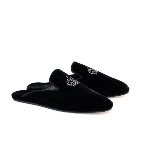 Crystal Crown Mule luxury black velvet mule featuring a crystal crown embellishment with calf leather lining and leather sole.