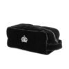 Black velvet travel case with crystal crown emblem and zip closure.
