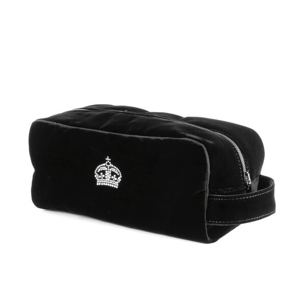 Black velvet travel case with crystal crown emblem and zip closure.