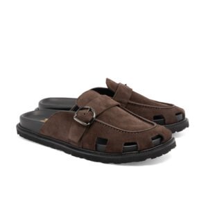 The LO Mule in brown calf suede with side buckle detail