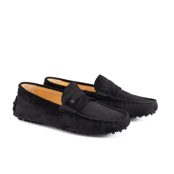 Luxe Suede Drivers | Aristocrats Luxury Black suede Luxe Drivers with penny strap detail and rubber pebble sole by Aristocrats Luxury.