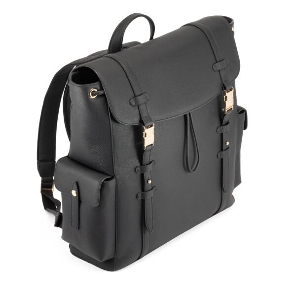 THE GS (GLOBE SURFER) ARISTOCRATS THE GS Globe Surfer black travel backpack with leather straps, gold-tone hardware and multiple compartments on white background.